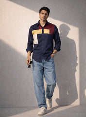Dark Blue Cotton Satin Lounge Shirt with Mix-Match Design