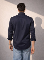 Dark Blue Cotton Satin Lounge Shirt with Mix-Match Design