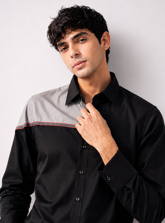 Black Cotton Satin Lounge Shirt with Gray Mix-Match Design