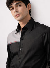 Black Cotton Satin Lounge Shirt with Gray Mix-Match Design