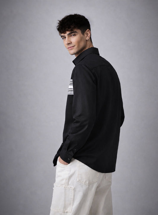Black Cotton Satin Lounge Shirt with Mix-Match Design