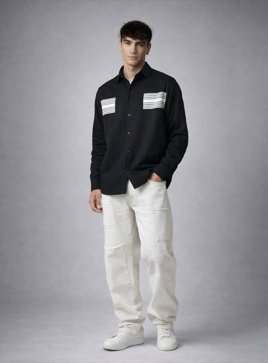Black Cotton Satin Lounge Shirt with Mix-Match Design