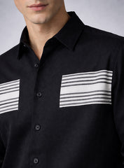 Black Cotton Satin Lounge Shirt with Mix-Match Design