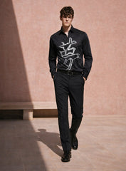 Black Cotton Satin Party Wear Shirt with Front Embroidery