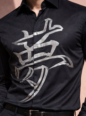 Black Cotton Satin Party Wear Shirt with Front Embroidery