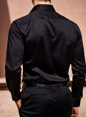 Black Cotton Satin Party Wear Shirt with Front Embroidery