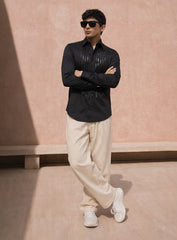 Black Cotton Satin Party Wear Shirt with Embroidery