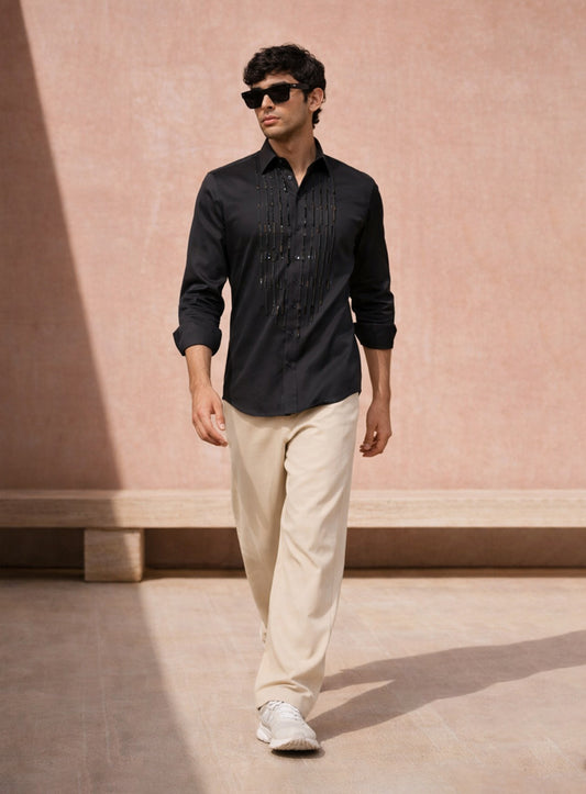 Black Cotton Satin Party Wear Shirt with Embroidery