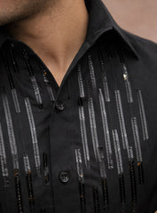 Black Cotton Satin Party Wear Shirt with Embroidery