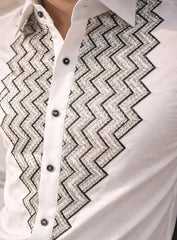 White Cotton Satin Party Wear Shirt with Machine & Hand Embroidery