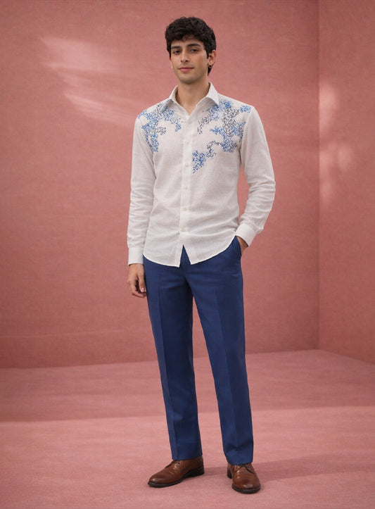 White Party Wear Linen Shirt with Embroidery