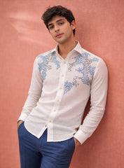 White Party Wear Linen Shirt with Embroidery