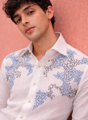 White Party Wear Linen Shirt with Embroidery