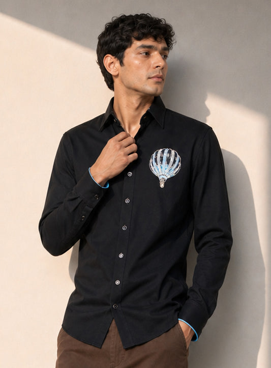 Midnight Voyage Hot Air Balloon Embroidered Shirt