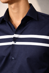 Dark Blue Cotton Satin Lounge Shirt with Two White Stripes