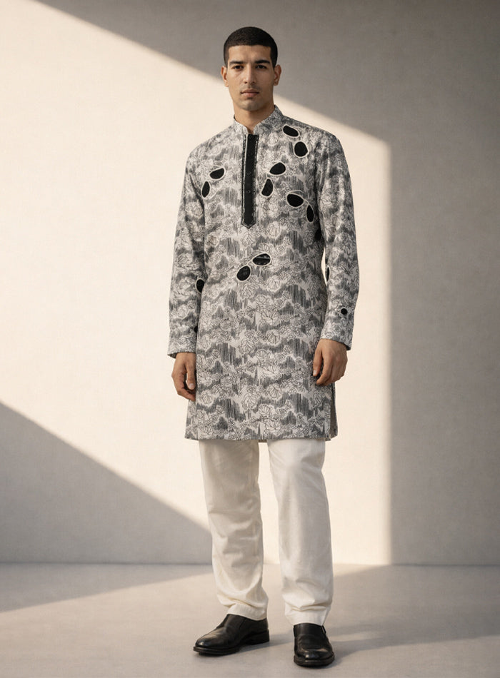 Off White Silk Kurta Pajama Set with Embroidery