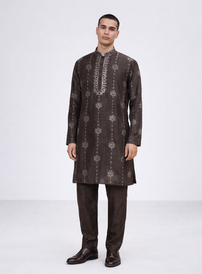 Charcoal Gray Silk Fabric Kurta Pajama Set with Embroidery
