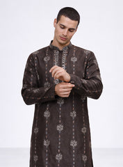 Charcoal Gray Silk Fabric Kurta Pajama Set with Embroidery
