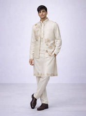 Cream Silk Kurta Pajama Set and Jawahar Jacket with Embroidery