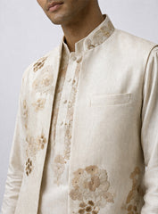 Cream Silk Kurta Pajama Set and Jawahar Jacket with Embroidery