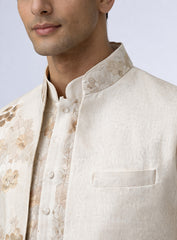 Cream Silk Kurta Pajama Set and Jawahar Jacket with Embroidery