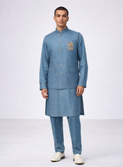 Blue Linen Kurta Pajama Set and Jawahar Jacket with Embroidery