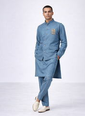 Blue Linen Kurta Pajama Set and Jawahar Jacket with Embroidery
