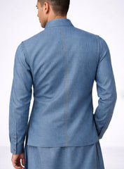 Blue Linen Kurta Pajama Set and Jawahar Jacket with Embroidery