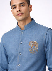 Blue Linen Kurta Pajama Set and Jawahar Jacket with Embroidery