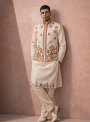 Cream Silk Kurta Pajama Set and Jawahar Jacket with Embroidery