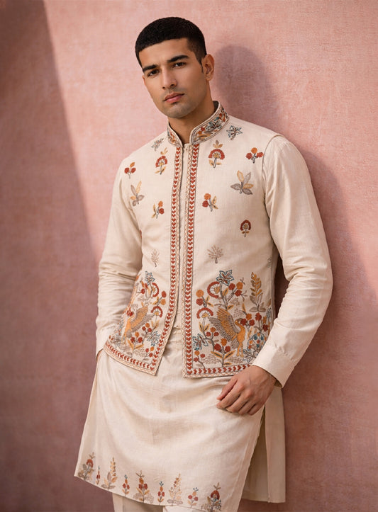Cream Silk Kurta Pajama Set and Jawahar Jacket with Embroidery
