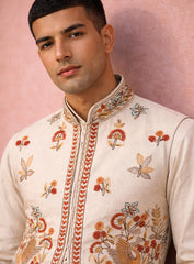 Cream Silk Kurta Pajama Set and Jawahar Jacket with Embroidery