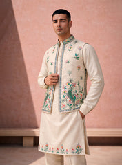 Cream Silk Kurta Pajama Set and Jawahar Jacket with Embroidery