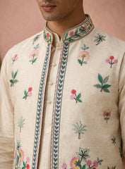 Cream Silk Kurta Pajama Set and Jawahar Jacket with Embroidery