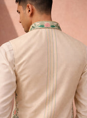 Cream Silk Kurta Pajama Set and Jawahar Jacket with Embroidery