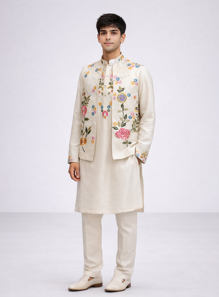 Cream Silk Kurta Pajama Set and Jawahar Jacket with Embroidery
