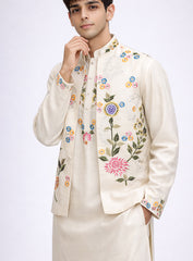 Cream Silk Kurta Pajama Set and Jawahar Jacket with Embroidery