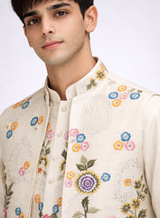 Cream Silk Kurta Pajama Set and Jawahar Jacket with Embroidery