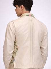Cream Silk Kurta Pajama Set and Jawahar Jacket with Embroidery