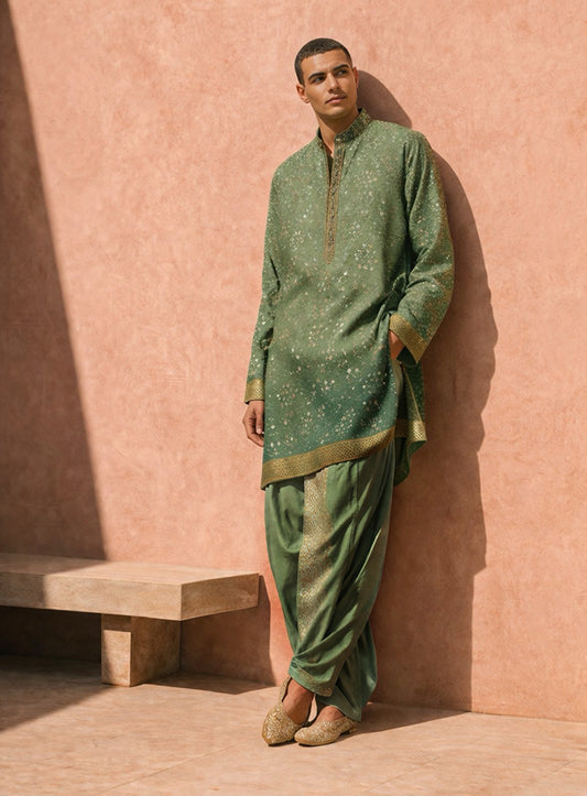 Green Ombre Silk Dhoti Kurta Set with Embroidery