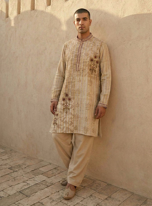 Light Beige Cotton Silk Kurta Pajama Set with Print & Embroidery