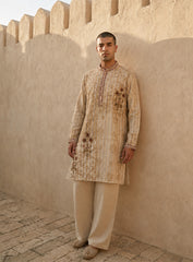 Light Beige Cotton Silk Kurta Pajama Set with Print & Embroidery
