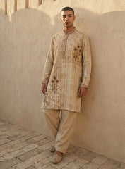 Light Beige Cotton Silk Kurta Pajama Set with Print & Embroidery
