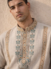 Light Beige Silk Kurta Pajama Set with Print & Embroidery