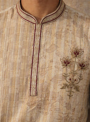 Light Beige Cotton Silk Kurta Pajama Set with Print & Embroidery