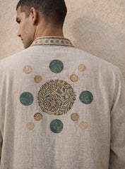 Light Beige Silk Kurta Pajama Set with Print & Embroidery
