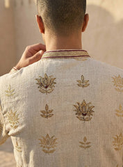 Light Beige Cotton Silk Kurta Pajama Set with Print & Embroidery