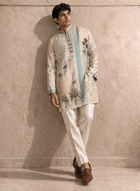 Beige Silk Kurta Pajama Set with Print & Embroidery