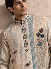 Beige Silk Kurta Pajama Set with Print & Embroidery