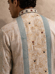 Beige Silk Kurta Pajama Set with Print & Embroidery